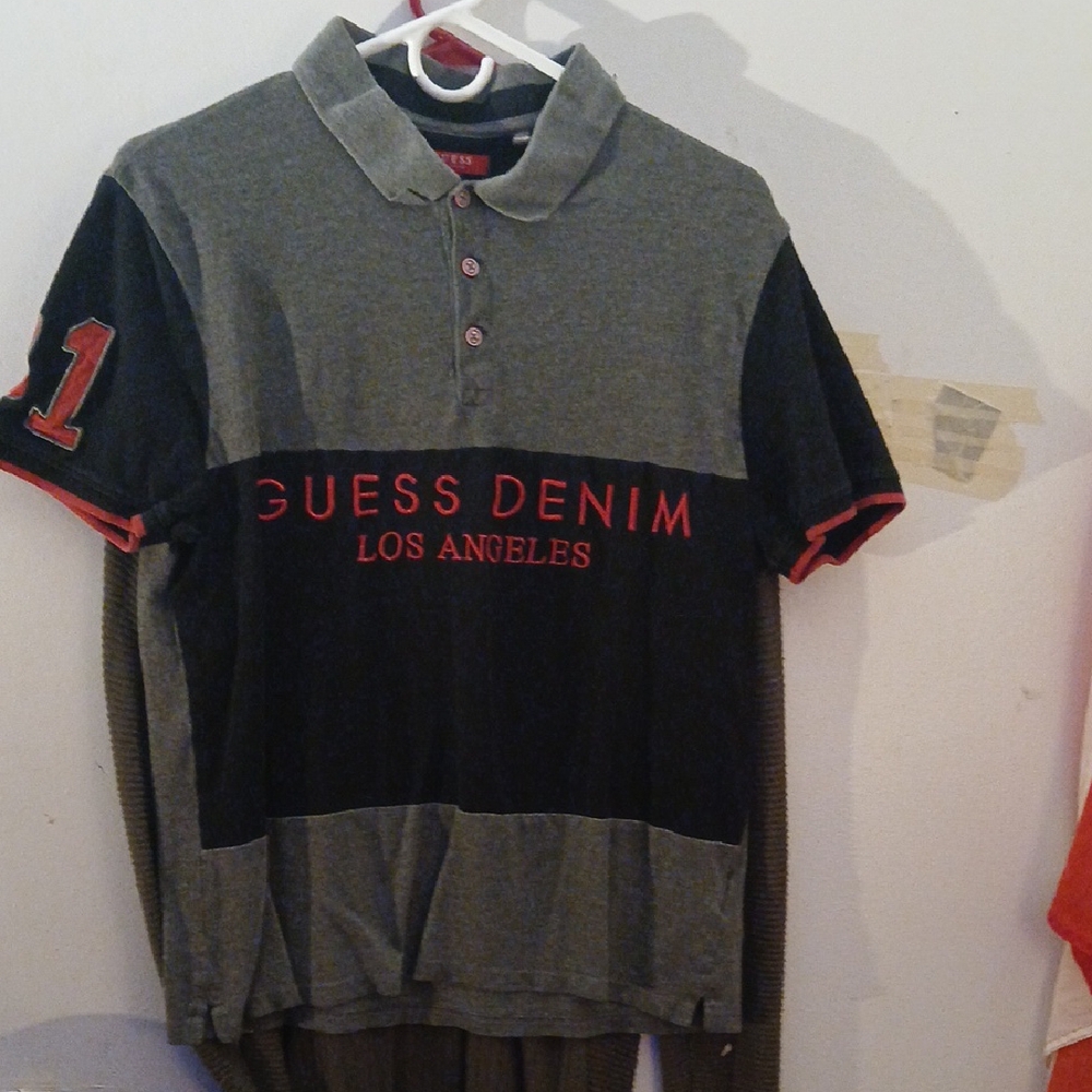 Guess Gray and Black Polo Shirt with Bold Logo Size M